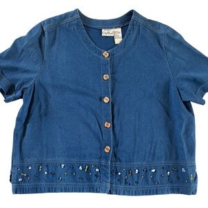 Vintage Koret City Blues Denim Button Front Stone Beaded Hem Top Petite L